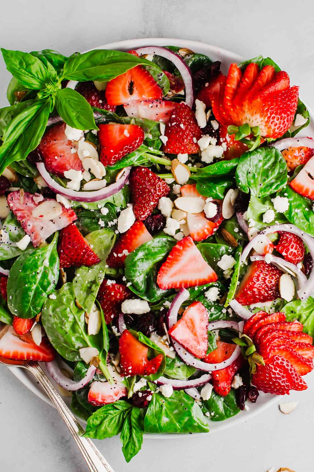 Strawberry spinach saladย is a perfect combination of fresh spinach, juicy strawberries, crunchy onions, and soft feta cheese; all tossed together with a creamy poppyseed dressing! All the flavor, texture, andย deliciousness in one bowl! A top view of a bowl of spinach with strawberries, onions, feta, almonds and craisins.