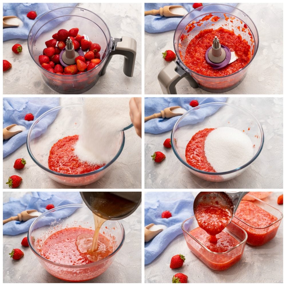 Homemade Strawberry Freezer Jam is a sweet and chunky jam that you can make quickly and enjoy for up to a year!ย Once you see how easy it is to make this strawberry jam, you will never buy it from a store again! The process of blending strawberry freezer jam.