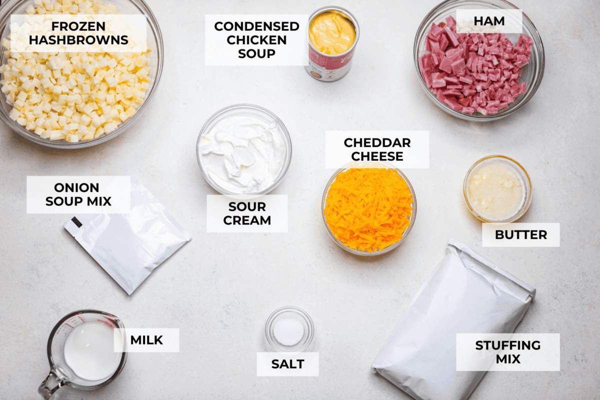 Toss your leftover ham in the slow cooker with potatoes, melty cheese, and buttery stuffing for my ridiculously easy Slow Cooker Ham and Potato Casserole! Overhead shot of labeled slow cooker ham and potato casserole ingredients.