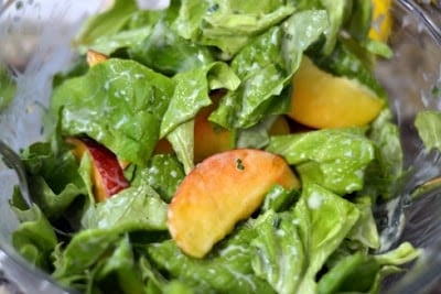 This is the perfect summer recipe. I loved it and I didn't feel guilty after eating it. I love fruit in my salads. But I have never tried peaches. Oh my it was good. And the dressing was delicious on top. This recipe has a little more to it, but it is a nice change! Salad greens with slices of peach.