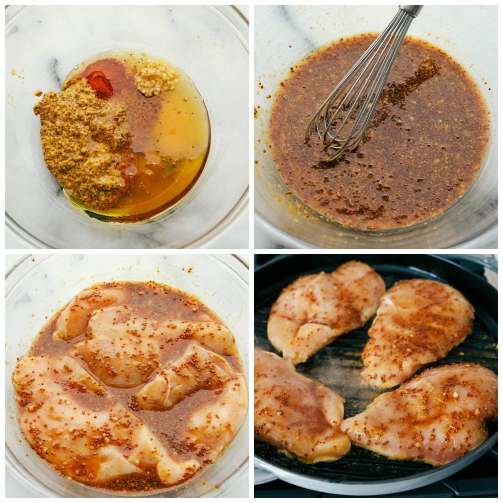 Grilled Honey Mustard chicken is tender and juicy grilled chicken covered in a sweet and tangy sauce with a punch of spice. It is simple to prepare and so flavorful. The fresh and perfectly balanced flavors of the honey mustard will be a staple in your summer BBQ plans! The process of whisking together the marinade then adding in the chicken and grilling it.