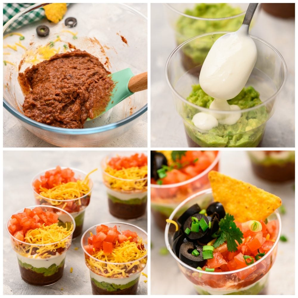 Individual Seven Layer Dip cups are perfect for layering refried beans, fresh guacamole, creamyย sourย cream, fresh salsa, chopped fresh tomatoesย and garnished with black olives, a single chip and scallions. These are ALWAYS a hit at parties! The process of making refried beans, layering the individual cups, then having the cups together the adding the chip on top.