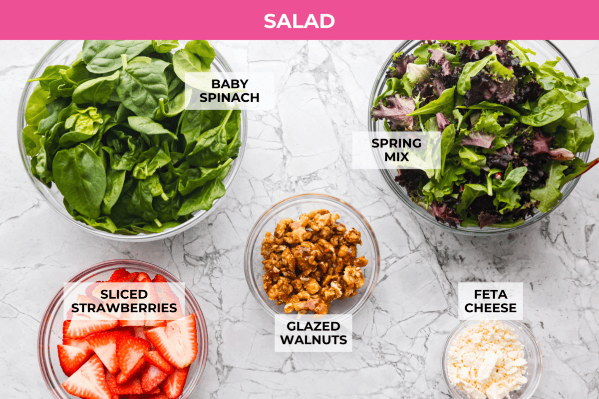 This Strawberry Spinach Salad is my FAVORITE spring salad! The juicy strawberries and candied walnuts add the best texture. Toss it with my creamy poppyseed dressing and you have the prettiest salad at the table! Overhead shot of labeled strawberry spinach salad ingredients.