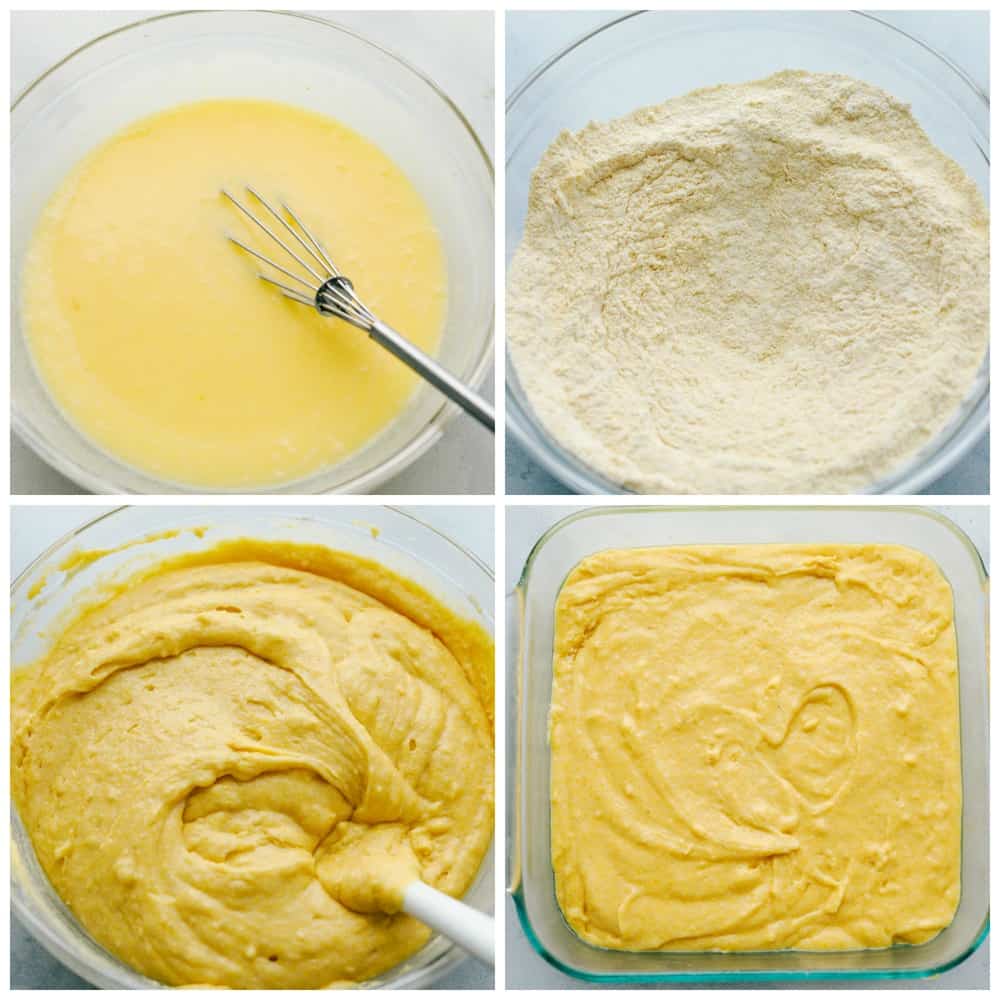 This Homemade Cornbread is made from scratch and is the best of the best. It has the most perfect texture and is packed with flavor. I know you won't be able to stop at just one piece! 4 pictures showing how to mix the cornbread batter.