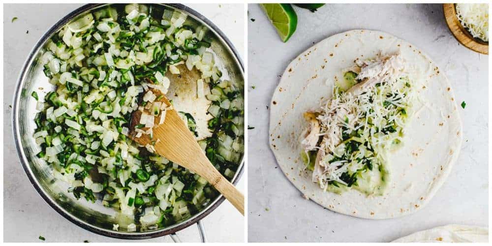 hicken Enchiladas with an Avocado Cream Sauceย is a delicious and easy weeknight meal that everyone will love. They are packed with flavor and drizzled with a sauce that dreams are made of. If you love avocados, this recipe is for you! One photo making the vegetable mixture too put in the soft tortillas the other photo putting the chicken and vegetable mixture in the middle of the tortilla.