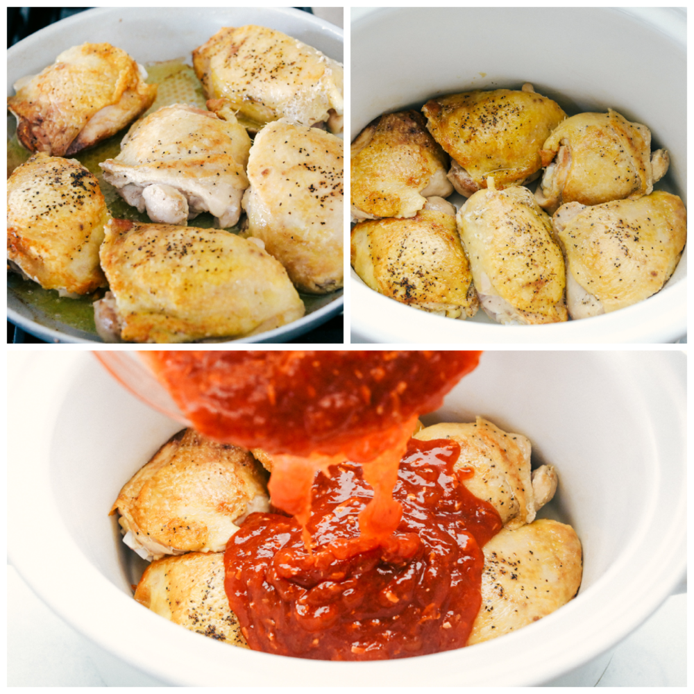 Apricot chicken is a super easy and incredibly delicious dinner your whole family is going to love! Tender, juicy chicken covered in a sweet and savory glaze. It only takes 4 ingredients to make, and all you have to do is throw everything in your slow cooker! Itโs the perfect hearty weeknight meal. 3-photo collage of chicken thighs being added to a slow cooker and covered with sauce.
