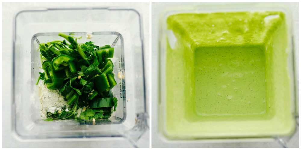 This Cafe Rio Cilantro Ranch Dressing is exactly the same as Cafe Rio's. If I had them side by side, I wouldn't be able to tell a difference. Collage of the process shots of how to make cafe rio cilantro ranch dressing.