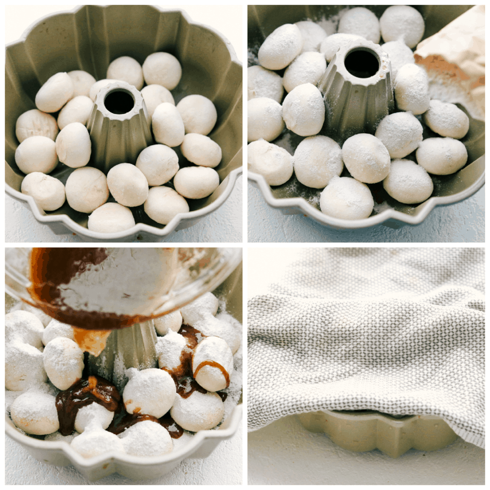 Sticky Buns are the most gooey, caramel infused, morsels of breakfast yumminess EVER! Super simple and quick to throw together these are going to become a go to for your holiday breakfasts. Frozen bread rolls in bundt pan, with dry pudding, and butter mixture being poured over the top.