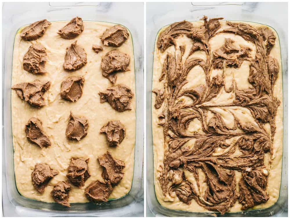 Cinnamon Roll Cakeย is a cinnamon roll turned into an ooey-gooey, delicious cake! Swirled with buttery brown sugar cinnamon and topped with a sweet glazeโฆ this is the BEST cake EVER! Brown sugar cinnamon mixture being swirled into the dough.