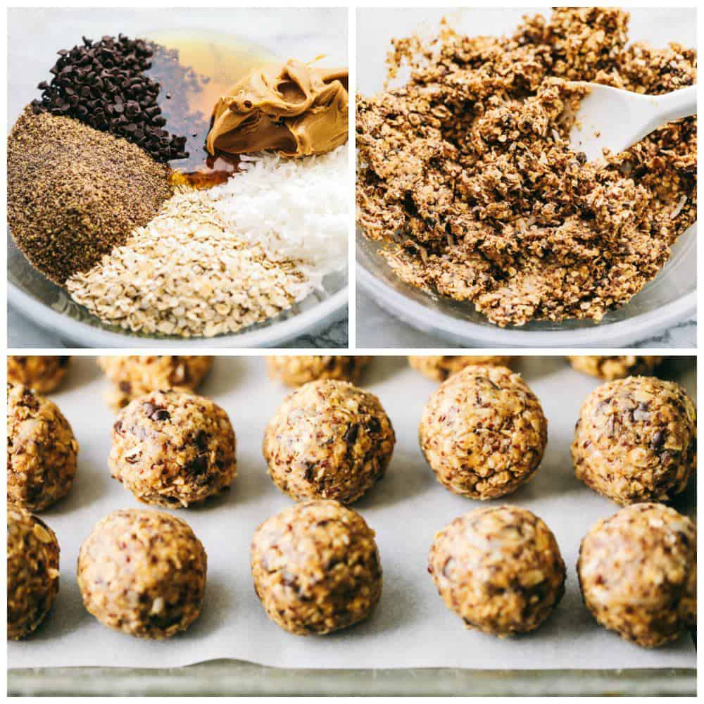 No Bake Energy Bites are packed with protein and make the perfect healthy snack or breakfast on the go! Loaded with oats, flax seed, peanut butter, coconut and chocolate chips, these little bites are amazing! Steps to make No Bake Energy Bites.