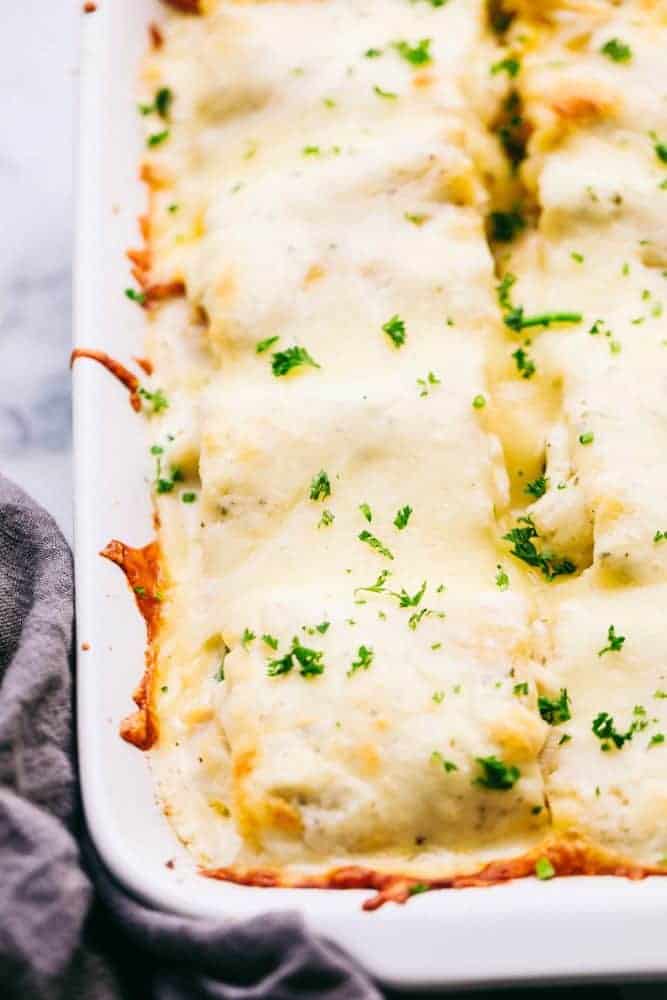 Chicken Alfredo Roll Ups are made with the most amazing homemade Alfredo sauce and rolled up with chicken, sauce, and cheese. These are one of the best meals you will ever make! Chicken Alfredo Roll Up in a casserole dish.