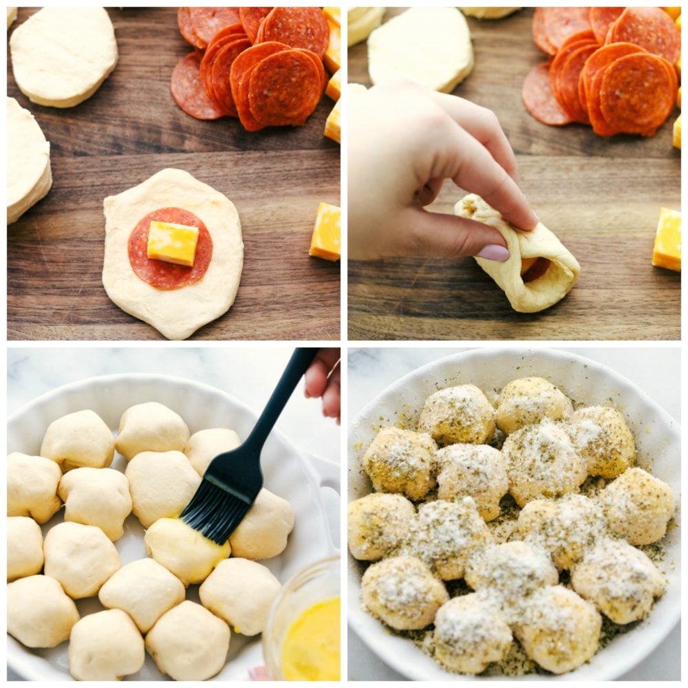 These pizza bites taste just like pizza using a flattened biscuit and stuffing it full of cheese, pepperoni then baking until golden brown on top. Stuffed pizza bites are the hit of our house! Making pizza bites in a pillsbury dough with a pepperoni and square of cheese then folded into a ball and placed in a baking skillet and brushed with egg wash over top with seasonings.