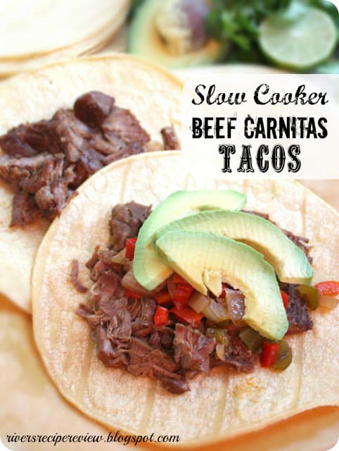Flank steak that is rubbed in spices and slow cooks with peppers, jalapeรฑo, and onions all day to tender and juicy perfection! This recipe is easy and will become a family favorite!ย Slow cooker beef carnitas tacos with avocado slices.