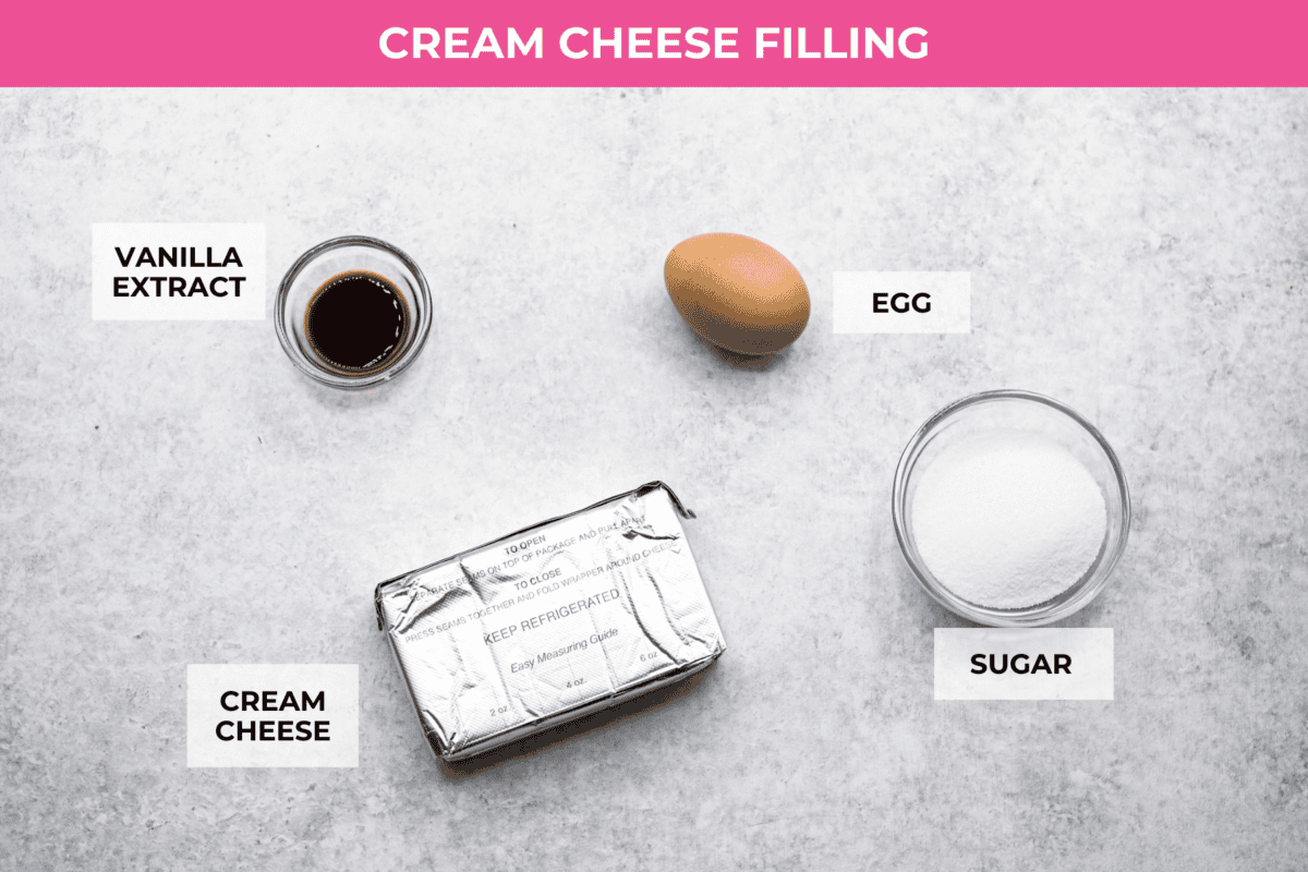 Pumpkin roll bars have all the things you love about pumpkin rolls without all of the hassle! They have perfectly spiced pumpkin cake with a smooth cream cheese swirl that will be sure to make this your new favorite fall dessert! Overhead shot of labeled ingredients for the cream cheese filling.