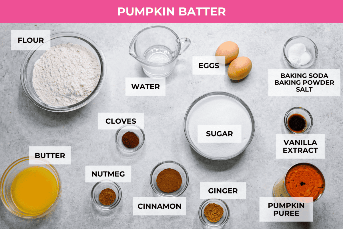 Pumpkin roll bars have all the things you love about pumpkin rolls without all of the hassle! They have perfectly spiced pumpkin cake with a smooth cream cheese swirl that will be sure to make this your new favorite fall dessert! Overhead shot of labeled ingredients for pumpkin batter.