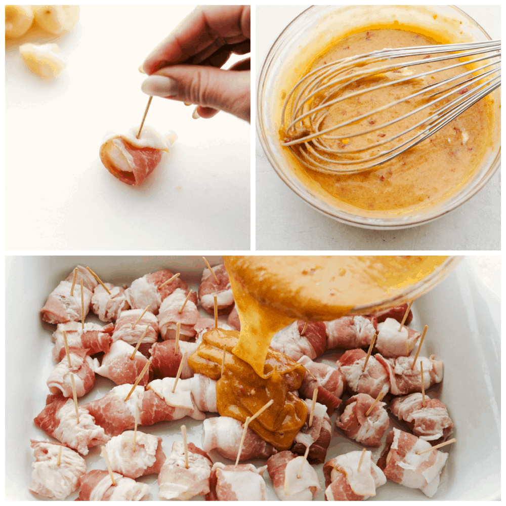 These Bacon Wrapped Chestnuts are crunchy sweet chestnuts, that are enveloped in a savory bacon and marinated in a sweet spicy sauce for the perfect flavor combination. Making bacon wrapped chestnuts with sauce.