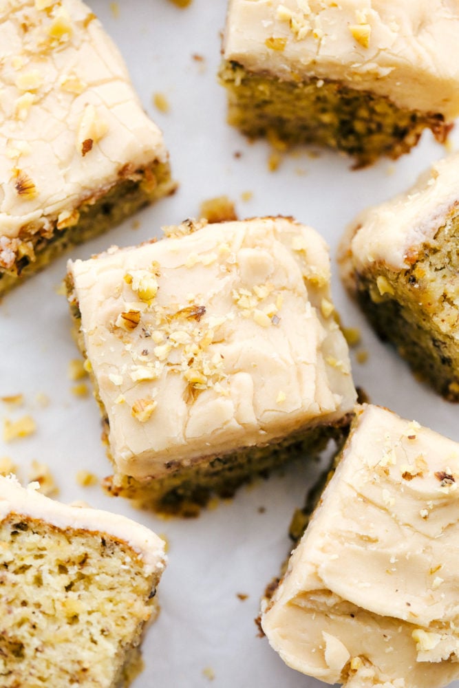 Banana bread bars are moist and flavorful and land somewhere between a cake and a bread with the most amazing brown butter frosting on top! Great for breakfast or an afternoon treat with a cup of coffee, both the texture and flavor are crave-worthy! Overhead photo of banana bread bars.
