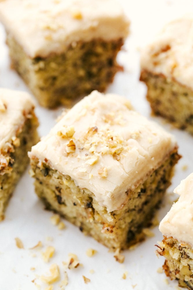 Banana bread bars are moist and flavorful and land somewhere between a cake and a bread with the most amazing brown butter frosting on top! Great for breakfast or an afternoon treat with a cup of coffee, both the texture and flavor are crave-worthy! Banana bread bars photo.