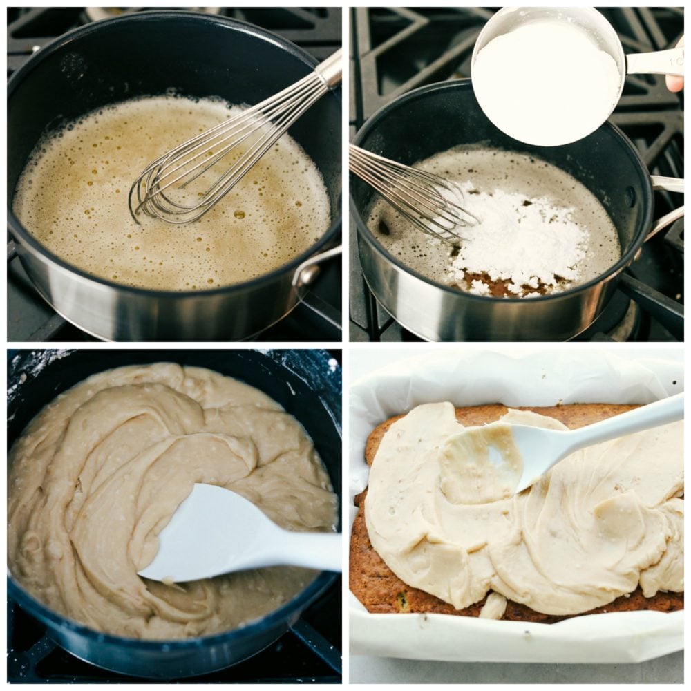 Banana bread bars are moist and flavorful and land somewhere between a cake and a bread with the most amazing brown butter frosting on top! Great for breakfast or an afternoon treat with a cup of coffee, both the texture and flavor are crave-worthy! The process of making banana bread bars.