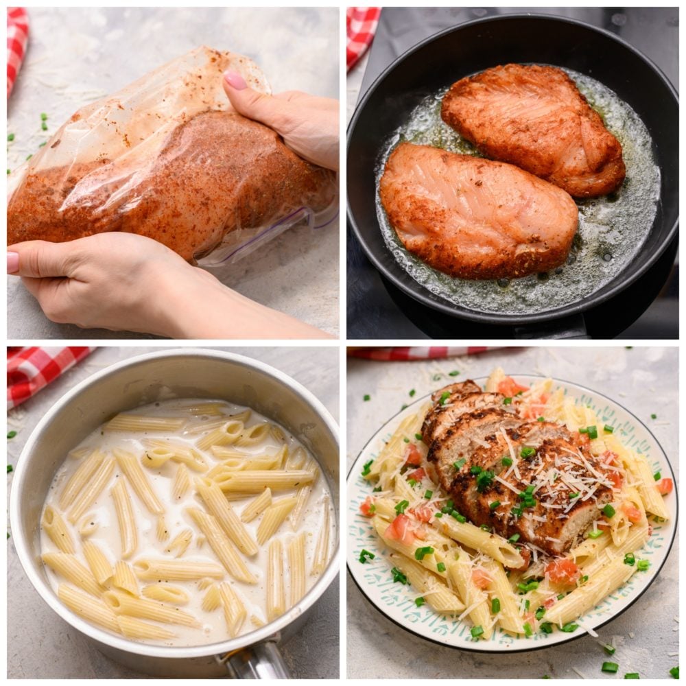 Cajun chicken pasta is so creamy and rich with a spicy kick that keeps you digging in for more.ย It is a great way to mix up your usual weekly meals.ย The cajun spice will wake up your tastebuds and your night! It is a meal you will be excited to make and even more excited to eat! The process of cajun chicken pasta in four photos. The first photo is the chicken in a ziplock bag with seasoning then cooked the chicken in the skillet. Next photo is cooking the pasta and then plating the pasta and chicken together.