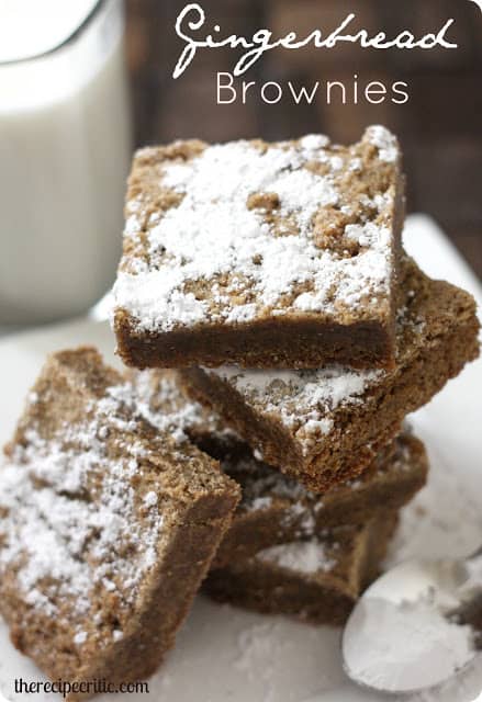 These are so easy and delicious that you have no excuse NOT to try them!! Gingerbread brownies stacked on top of each other.