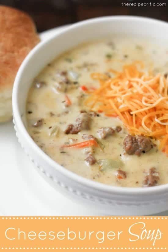 Award Winning Cheeseburger Soup is a thick and hearty soup with lean, tender ground beef, shredded carrots,ย dicedย celery and potatoes in a warm and creamy cheese soup. This is an award winning soup and it is excellent!ย Cheeseburger soup photo