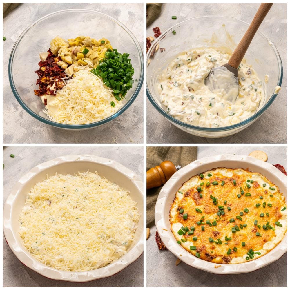 Asiago dip is super creamy and is loaded with flavor!ย There are just a few ingredients and simple, easy to follow steps.ย It has the perfect flavor combination, and trust me when I say one bite of this delicious dip will not be enough!ย It will get devoured in no time by anyone who tries it! The steps to make asiago dip in four photos.