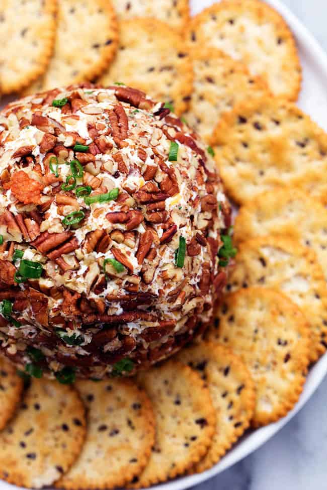 This bacon ranch cheese ball will be your favorite go-to appetizer! The winning combination of bacon, ranch seasoning, and cheddar cheese really stands out in this tasty cheese ball. Serve with crackers and watch everyone devour it! Top close view of bacon ranch cheese ball on a plate with crackers.