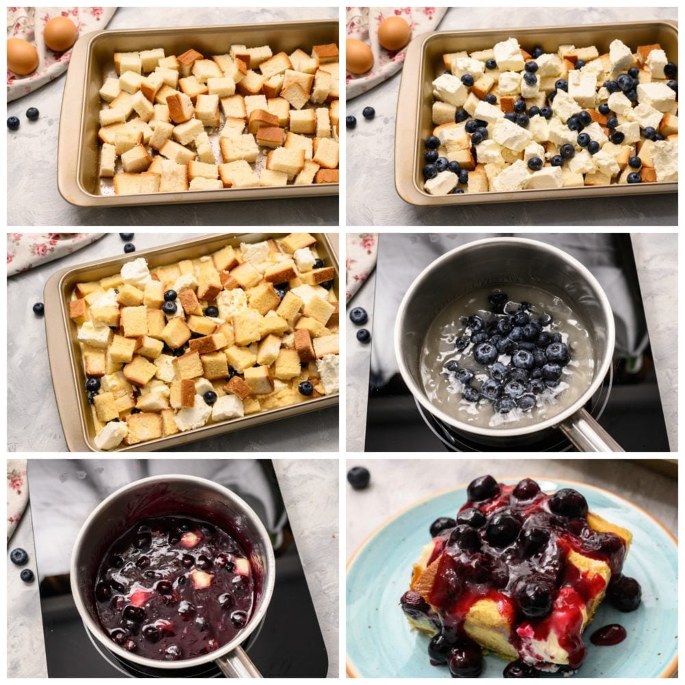 Warm, fruity, soft bites of breakfast perfection is what you get when you make this overnight blueberry french toast! I love going to bed knowing that when I wake up I will have breakfast ready to pop in the oven and enjoy! What a great way to start the day! Overnight blueberry process in six photos. One photo showing the pan filled with bread squares, then adding blueberries. Next making a saucepan for the blueberry sauce overtop then ending with it all plated together.