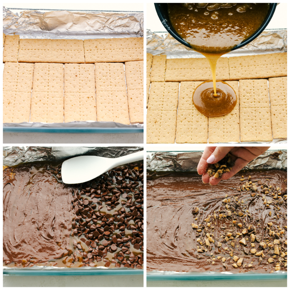 This super easy Graham Cracker Toffee is so delicious and addictive. Perfect for cookie plates to give to neighbors, bring to parties or just to eat! It's quick and luscious. We love to make this graham cracker toffee every year! The process of making Graham Cracker Toffee.