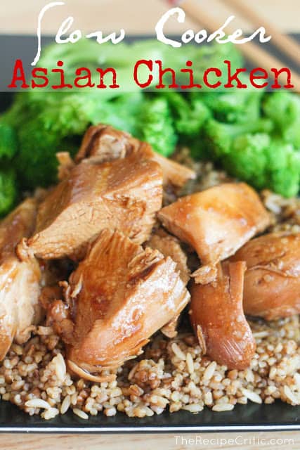 Sure enough it took less than 5 minutes to throw into my slow cooker and it was the BEST thing I have eaten. Bite sized pieces of slow cooker asian chicken on top of rice with broccoli beside it.