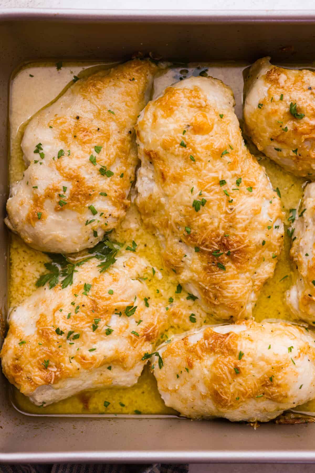 Parmesan baked chicken is so tender and juicy on the inside with a wonderful cheesy exterior. Your family will love the intense flavors, and you will love how quickly and easily this comes together! With only six ingredients and 10 minutes of prep, dinner will be served in no time! Overhead shot of baked parmesan chicken in pan.