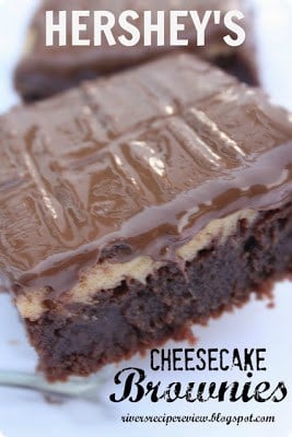 Rich and chocolaty perfect for a decadent dessert! A close up of a hershey's cheesecake brownie.