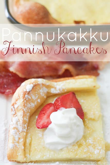 Basically if a crepe, a custard, a pancake and french toast had a baby, this would be it! Doesn't that just sound amazing? A Pannukakku Finnish pancake garnished with whipped creame and two slices of strawberries with bacon on the side.