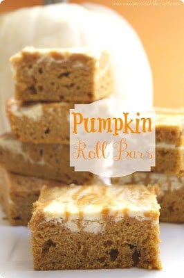 I was a little nervous about going to all of the work to make a pumpkin roll so these bars made it so easy! A perfect pumpkin taste and swirled with cream cheese, I instantly fell in love! Pumpkin Roll bars in stacks of 4, 2, and 1.