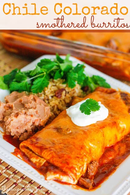 I couldn't believe how incredibly easy this was. But the result was fantastic!! Chile Colorado Smothered Burritos with beans and rice on white plate
