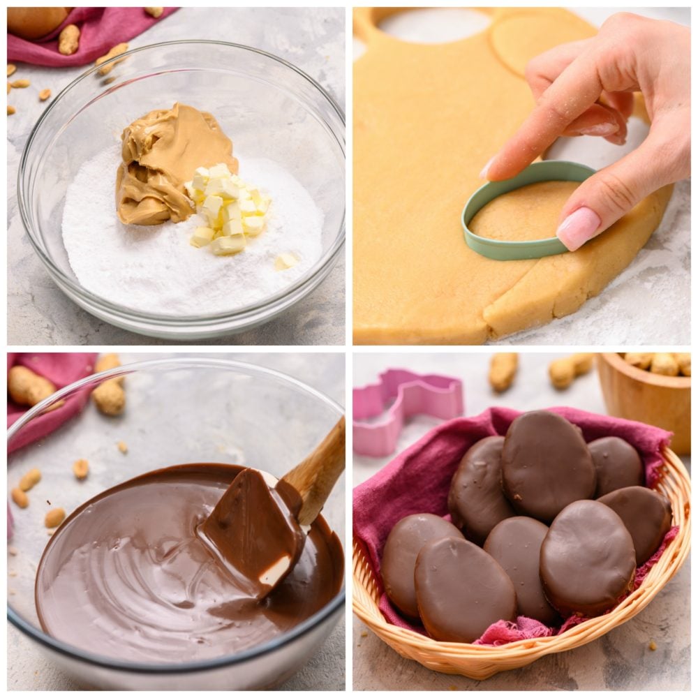 These homemade Reese's eggs are to die for!! With a creamy peanut butter center inside a thick, rich chocolate covering, these make the best Easter treat! The process of mixing the sugar, butter and peanut butter mixture in a glass bowl then rolled out and cut into egg shapes using a cookie cutter. The bottom lefthand photo is a melted chocolate with a spatula and the bottom righthand photo is a basket full of Reese's eggs.