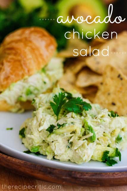 Avocado Chicken Salad is easy to make and you will never want to make your chicken salad without avocado again! Perfect on a sandwich, croissant or served with tortilla chips! Avocado Chicken Salad on a white plate.