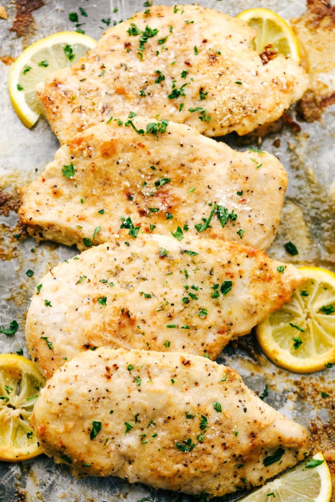 This parmesan garlic chicken is perfectly baked tender and juicy chicken that is lightly seasoned with Italian seasoning and garlic powder and then sprinkled with parmesan. All made in under 30 minutes! Baked Parmesan Garlic Chicken on a pan with lemon slices garnished around it.