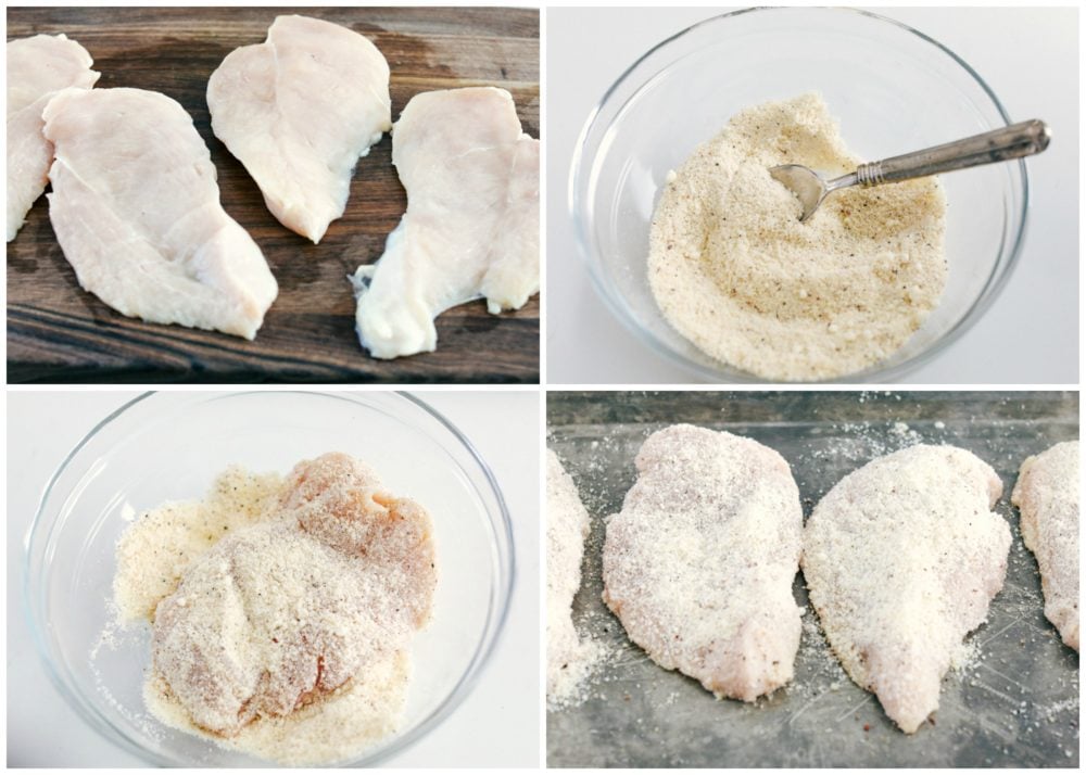 This parmesan garlic chicken is perfectly baked tender and juicy chicken that is lightly seasoned with Italian seasoning and garlic powder and then sprinkled with parmesan. All made in under 30 minutes! The process of making Parmesan Garlic Chicken by adding the seasoning on the chicken then placing on sheet pan.