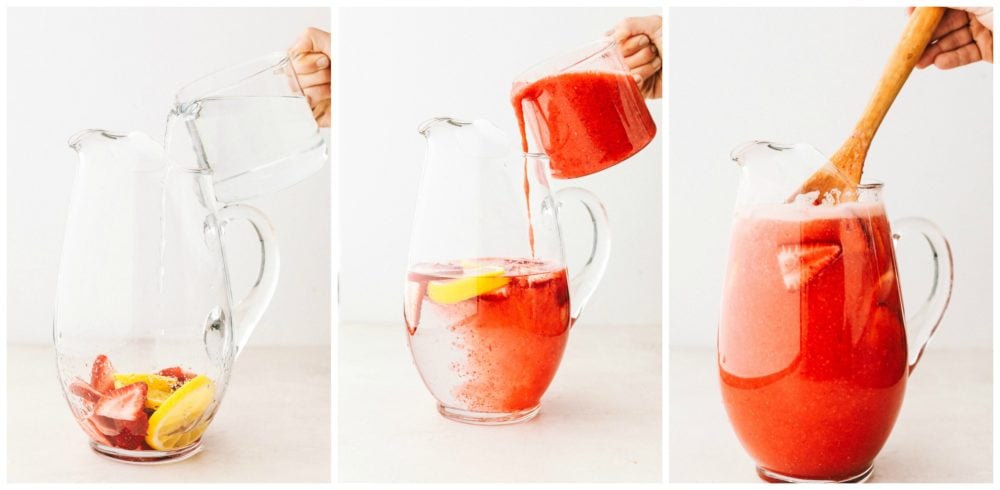 Strawberry lemonade is the perfect summertime drink that is refreshing and delicious! With only a few ingredients, this homemade lemonade will be made quickly and easily! Three photos of pitchers, the first on the left has a pitchers with sliced lemons and strawberries and pouring cold water over them. The second photo in the middle is the pitcher with water having the puree being poured over top and the third photo on the right has a wooden spoon stirring the pitcher mixture together.