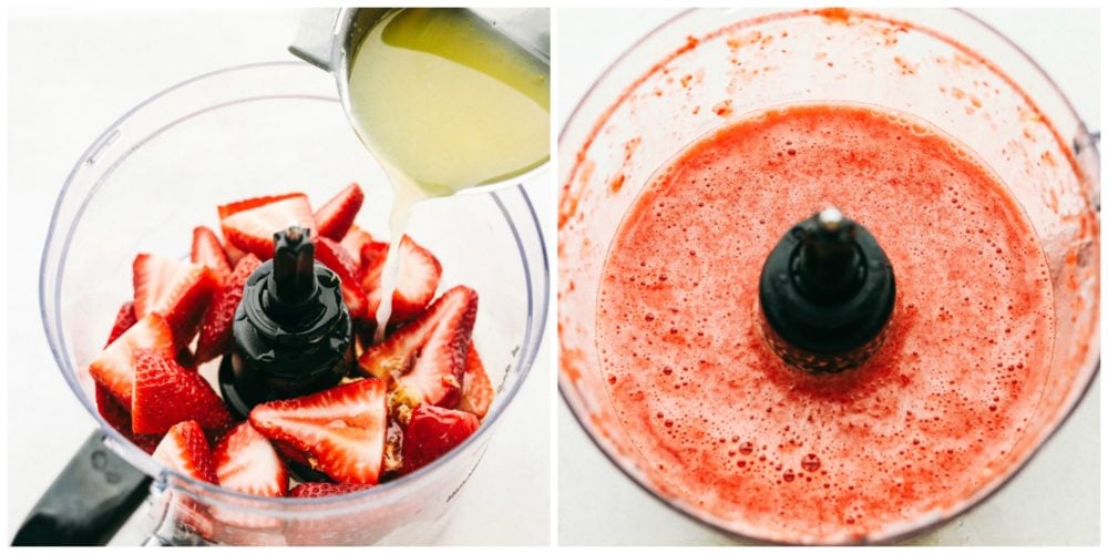 Strawberry lemonade is the perfect summertime drink that is refreshing and delicious! With only a few ingredients, this homemade lemonade will be made quickly and easily! Fresh strawberries sliced into a blender adding in lemon juice and another photo next to it with it blended together.