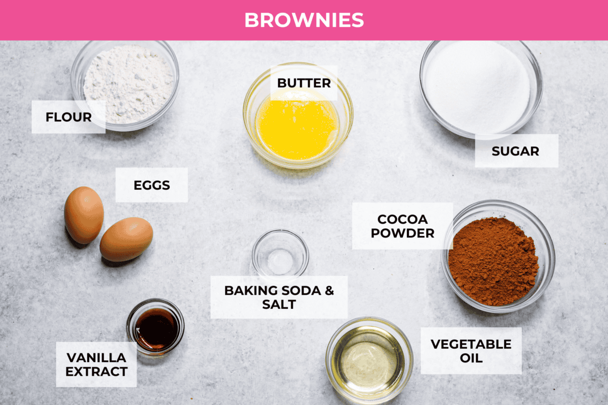 The best of both worlds collide in these peanut butter brownies! Fudgy homemade brownies are swirled with a sweet peanut butter mixture. The combination is an explosion of rich decadent flavors! Brownie Ingredients labeled to make peanut butter brownies.