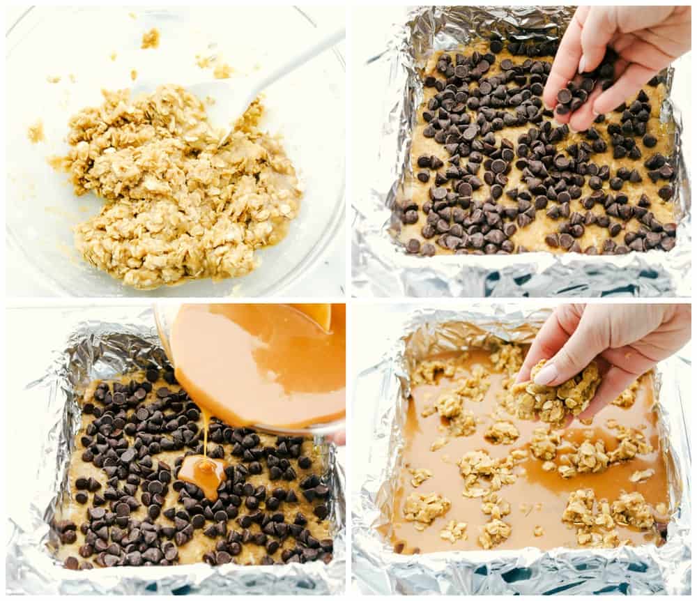 This recipe for Carmelitas is a divine dessert that combines layers of buttery oats, gooey caramel, and rich semisweet chocolate. With a perfect balance of sweetness and texture, these bars are a heavenly treat that will satisfy any sweet tooth. The process of making Carmelitas: first mix the crust together in a glass bowl with a spoon then prepare the pan with aluminum foil and layer with caramel and chocolate chips then add rolled oats on top.