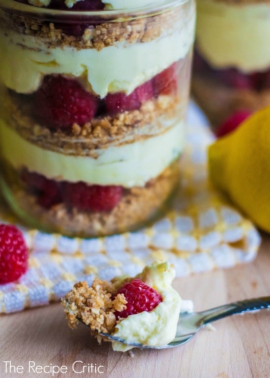 These were the perfect summer dessert made with Lucky Leaf pie filling that required little effort and no baking! Layers of the raspberry parfait in a clear mason jar.