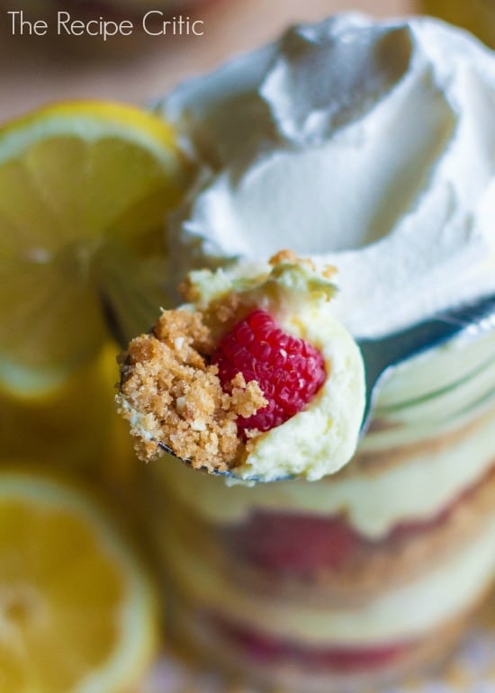 These were the perfect summer dessert made with Lucky Leaf pie filling that required little effort and no baking! A spoonful of raspberry lemon parfait.