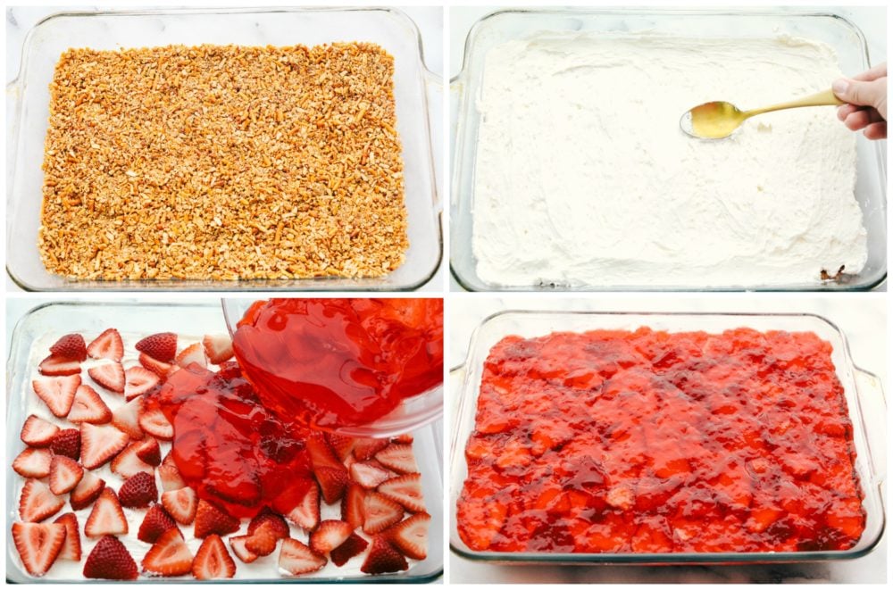 Strawberry Pretzel Salad has a sweet and salty pretzel crust, cream cheese middle, and a jello strawberry layer on top. Perfection!ย Everyone loves this salad! Making strawberry pretzel salad, step by step.