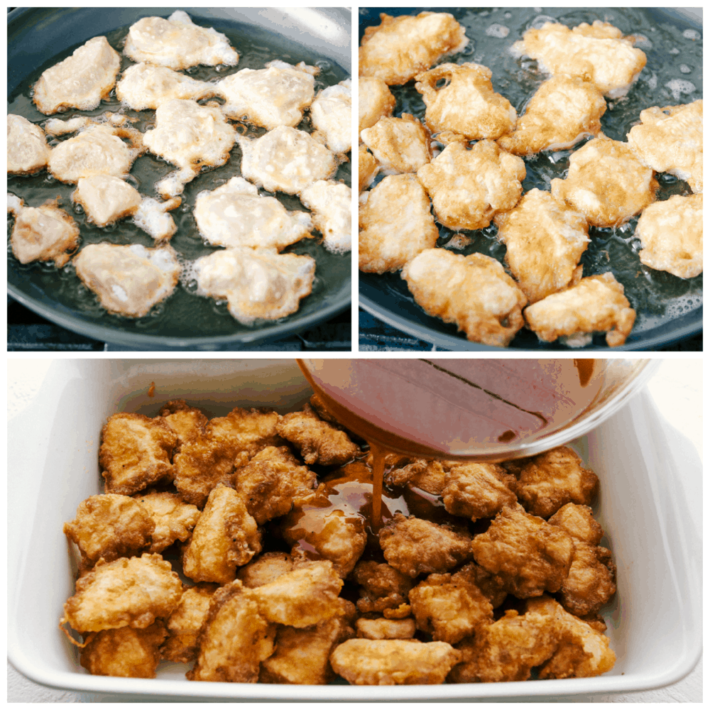 Baked Sweet and Sour Chicken is 1000x better than any takeout! It's crispy on the outside, juicy on the inside and exploding with flavor. There is a reason why this is our favorite recipe on the blog! Frying the coating on Baked Sweet and Sour Chicken then adding it to a baking dish.