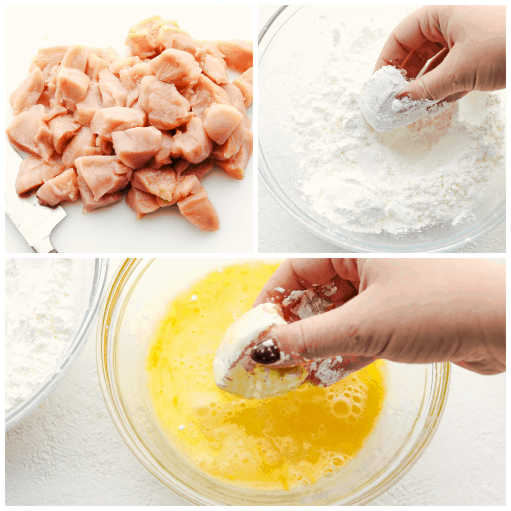 Baked Sweet and Sour Chicken is 1000x better than any takeout! It's crispy on the outside, juicy on the inside and exploding with flavor. There is a reason why this is our favorite recipe on the blog! Coating each piece of chicken in a cornstarch breading.