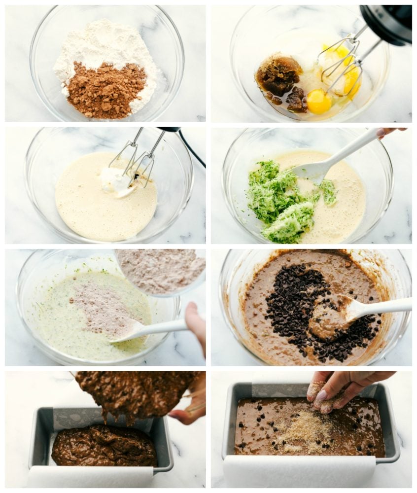 Chocolate Zucchini Bread is moist, sweet and filled with a hidden gem! It bakes perfectly and has a beautiful cracked sugar crust topping! The process of making chocolate zucchini bread.